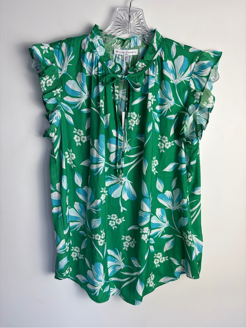 Green Floral Tie-Neck Ruffle Sleeve Blouse